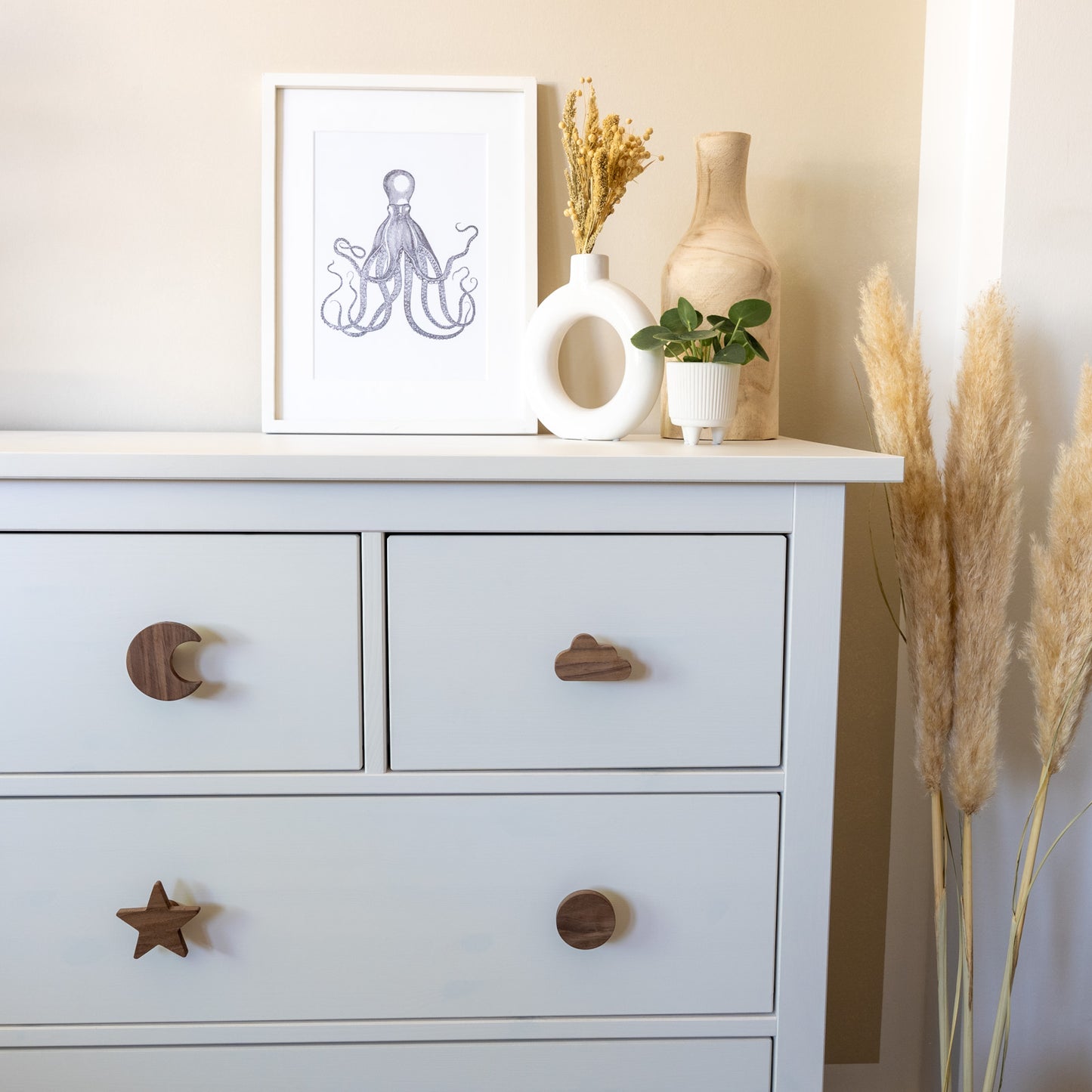 Furniture handles "Sun, Moon, and Stars" made of walnut wood
