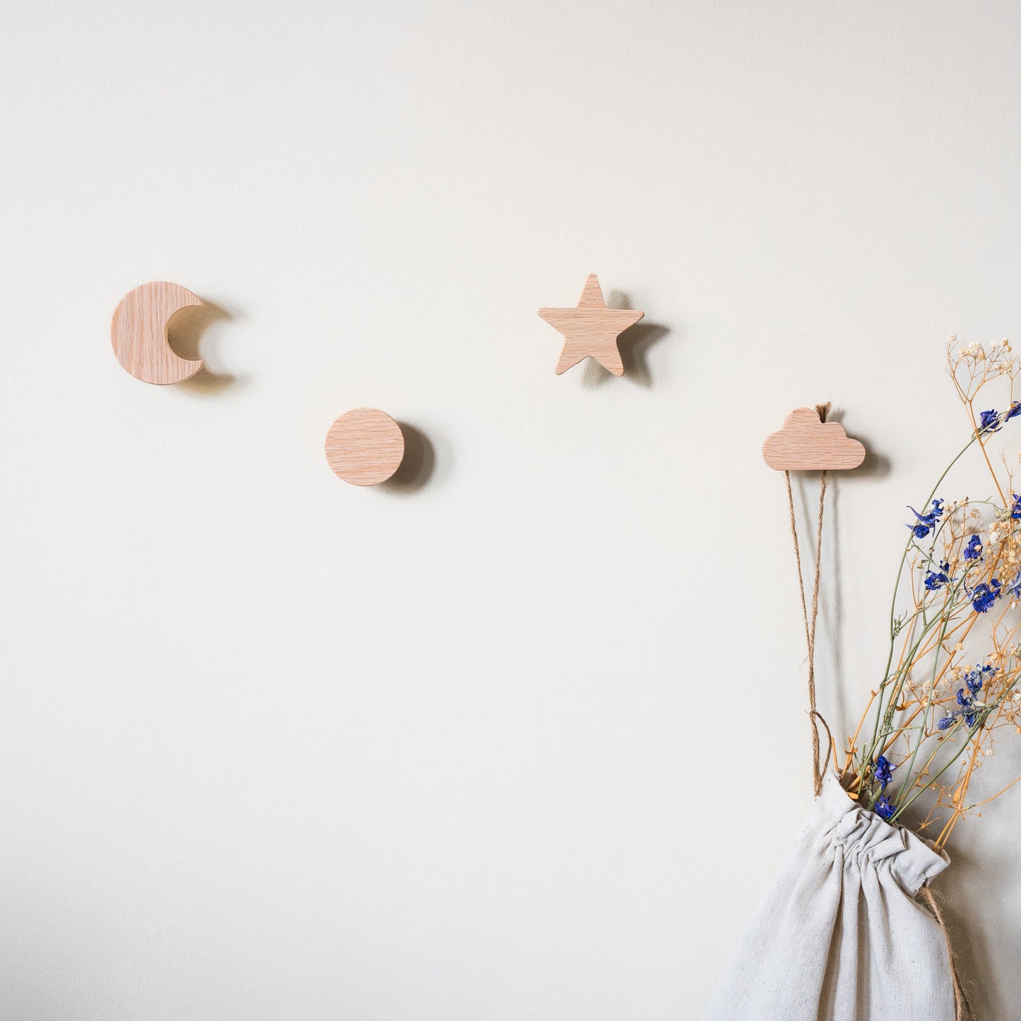 Wall Hook 'Sun, Moon and Stars' Made of Oak Wood